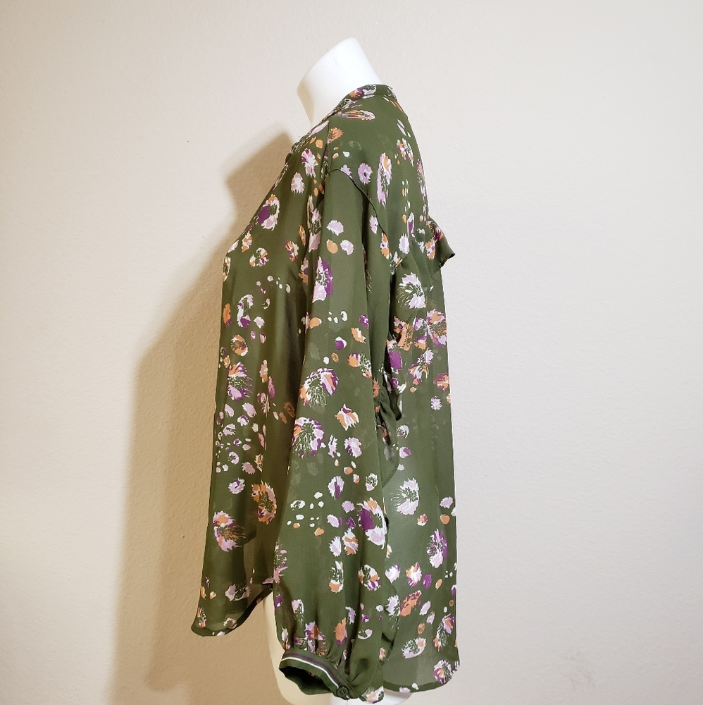 Max Studio Floral Sheer Blouse Size Small NWT Olive Green - Picture 2 of 8